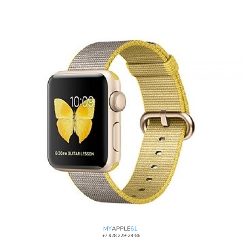 Apple Watch Series 2, 38 мм, золотистый алюминиевый корпус, серо-желтый плетёный нейлоновый ремешок